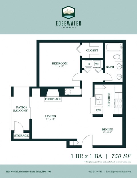 Floor plan for 1 bed, 1 bath, 750 sqft